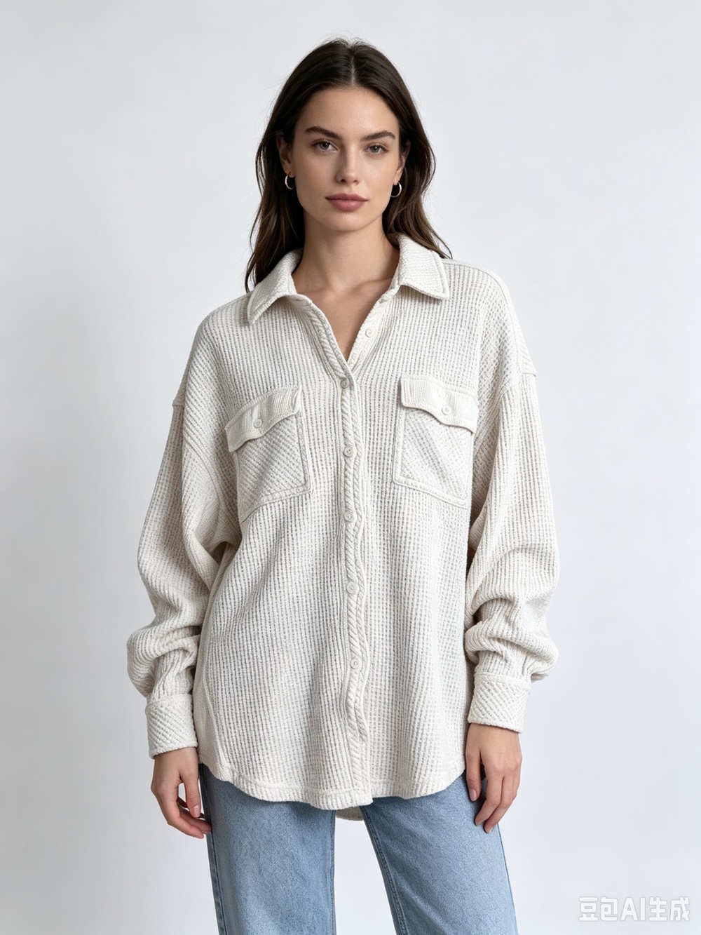 Aerie Womens Ivory Cotton Waffle Knit Collared Button-Up Oversized Shirt M